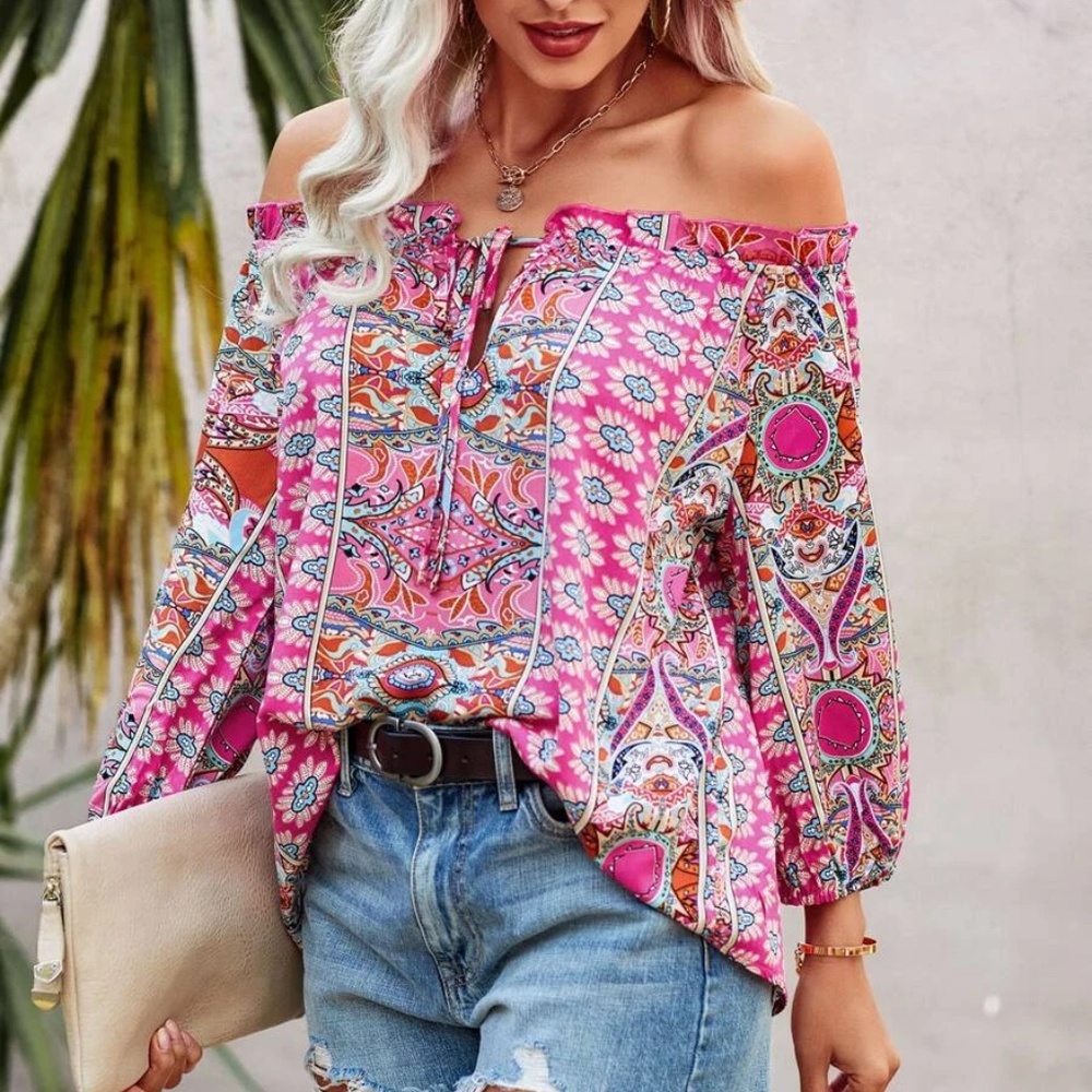 Boho Floral Print Off Shoulder Blouse - Picture 2 of 13